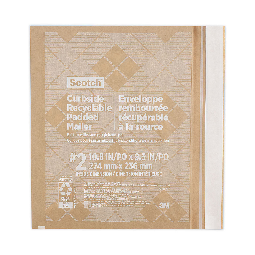 Scotch Curbside Recyclable Padded Mailer, #2, Self-Adhesive Closure, Interior Dimensions: 10.8 x 9.3, Natural Kraft, 100/Carton (CR21)