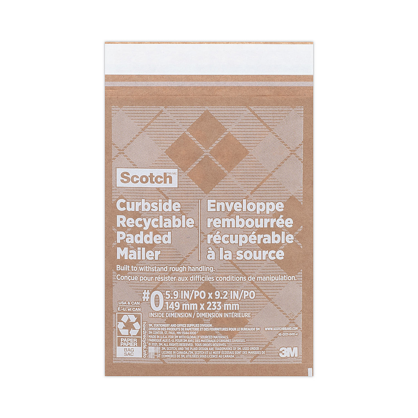 Scotch Curbside Recyclable Padded Mailer, #0, Self-Adhesive Closure, Interior Dimensions: 5.9 x 9.2, Natural Kraft, 100/Carton (CR01)