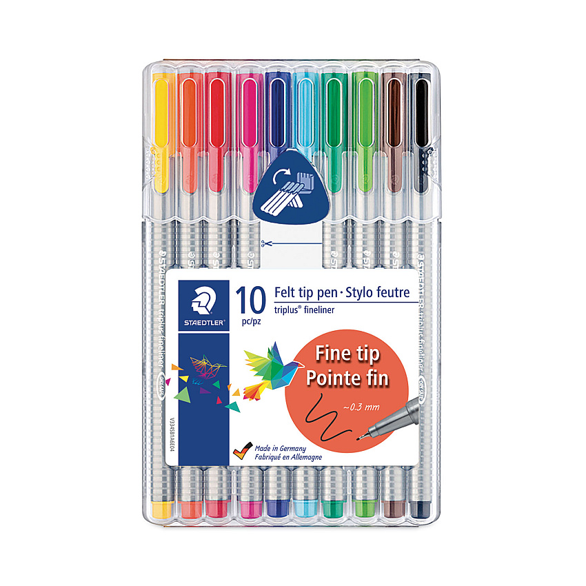 Staedtler Triplus Fineliner Porous Point Pen, Stick, Extra-Fine 0.3 mm, Assorted Ink Colors, Silver Barrel, 10/Pack (334SB10A6)
