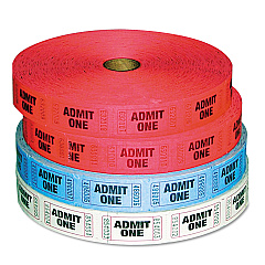 Iconex Admit-One Ticket Multi-Pack, 2 Red, 1 Blue, 1 White, 2,000/Roll, 4 Rolls/Pack (94190081)