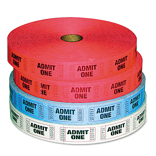 Iconex Admit-One Ticket Multi-Pack, 2 Red, 1 Blue, 1 White, 2,000/Roll, 4 Rolls/Pack (94190081)