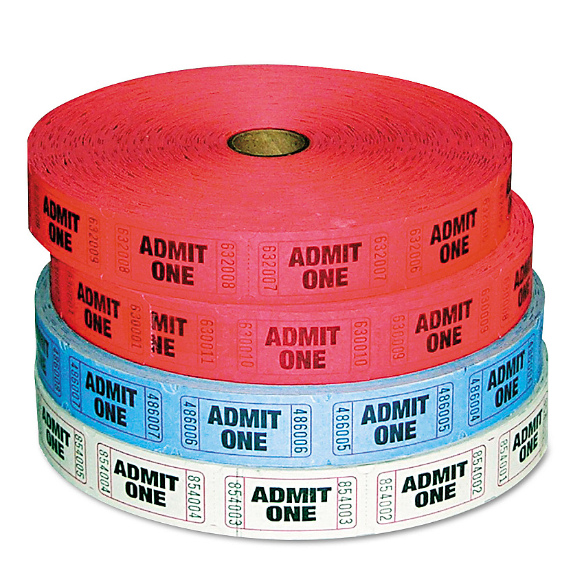 Iconex Admit-One Ticket Multi-Pack, 2 Red, 1 Blue, 1 White, 2,000/Roll, 4 Rolls/Pack (94190081)