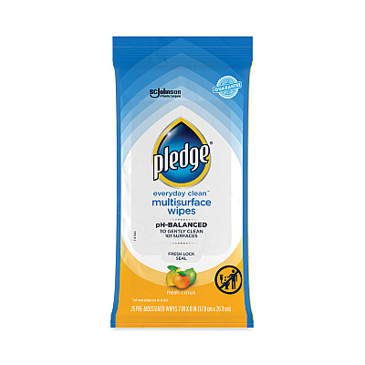 Pledge Multi-Surface Cleaner Wet Wipes, Cloth, 7 x 10, Fresh Citrus, 25 Wipes (336274EA)