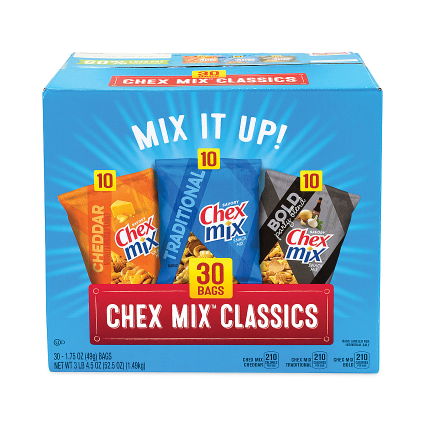 Chex Mix Varieties, Assorted Flavors, 1.75 oz Pack, 30 Packs/Box (22000787)