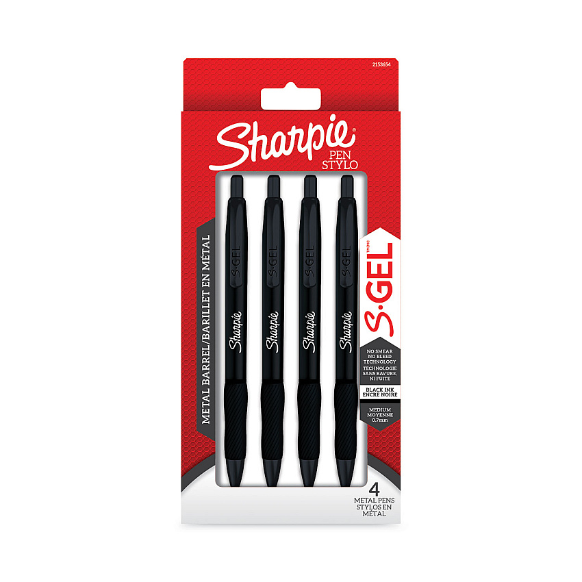 Sharpie S-Gel Premium Metal Barrel Gel Pen, Retractable, Medium 0.7 mm, Black Ink, Black Barrel, 4/Pack (2194703)