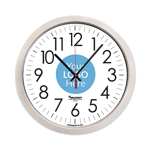 AbilityOne 6645016986557 SKILCRAFT Custom Quartz Wall Clock, 14.5" Overall Diameter, Silver Case, 1 AA (sold separately)