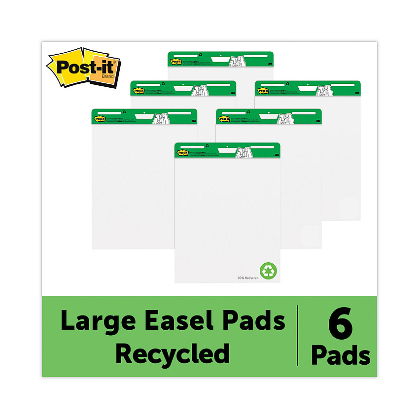 Post-it Easel Pads Super Sticky Vertical-Orientation Self-Stick Easel Pad Value Pack, Green Headband, Unruled, 25 x 30, White, 30 Sheets, 6/Carton (559RPVAD6)