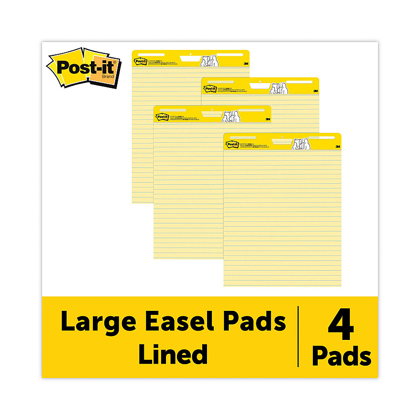 Post-it Easel Pads Super Sticky Vertical-Orientation Self-Stick Easel Pad Value Pack, Presentation Format (1.5" Rule), 25 x 30, Yellow, 30 Sheets, 4/Carton (561VAD4PK)