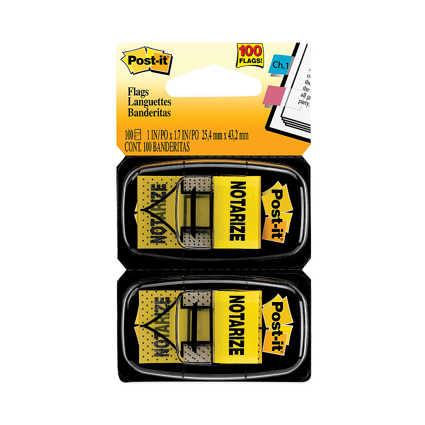 Post-it Flags Arrow Message 1" Page Flags, "Notarize," Yellow, 50 Flags/Dispenser, 2 Dispensers/Pack (680NZ2)