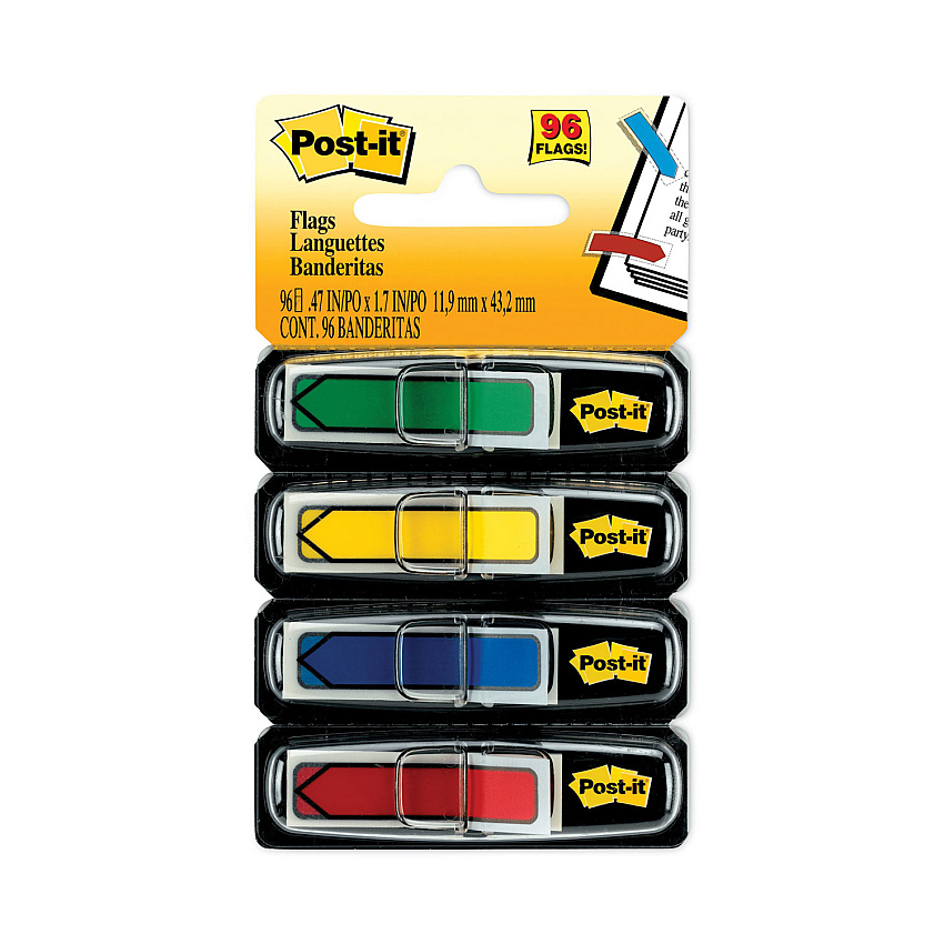 Post-it Flags Arrow 0.5" Page Flags, Assorted Primary, 24/Color, 96 Flags/Pack (684ARR3)