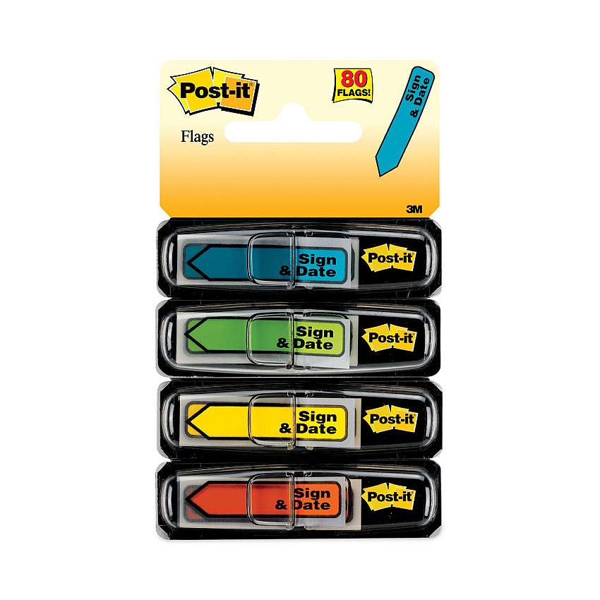 Post-it Flags Arrow Message 0.5" Page Flags, Sign and Date, 4 Primary Colors, 20 Flags/Dispenser, 4 Dispensers/Pack (684SD)