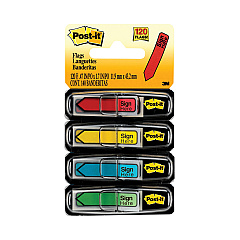 Post-it Flags Arrow Message 0.5" Page Flags w/Dispensers, "Sign Here", Asst Primary, 30 Flags Dispenser, 4 Dispensers/Pack (684SH)