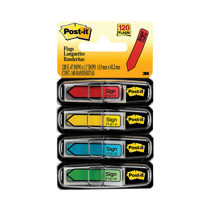 Post-it Flags Arrow Message 0.5" Page Flags w/Dispensers, "Sign Here", Asst Primary, 30 Flags Dispenser, 4 Dispensers/Pack (684SH)