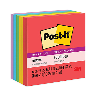 Post-it Notes Super Sticky Pads in Playful Primary Collection Colors, 3" x 3", 90 Sheets/Pad, 5 Pads/Pack (6545SSAN)