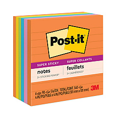 Post-it Notes Super Sticky Pads in Energy Boost Collection Colors, Note Ruled, 4" x 4", 90 Sheets/Pad, 6 Pads/Pack (6756SSUC)