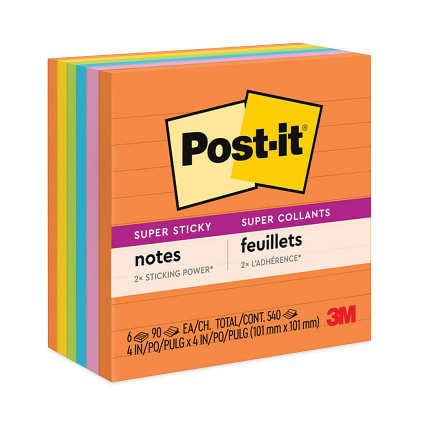 Post-it Notes Super Sticky Pads in Energy Boost Collection Colors, Note Ruled, 4" x 4", 90 Sheets/Pad, 6 Pads/Pack (6756SSUC)