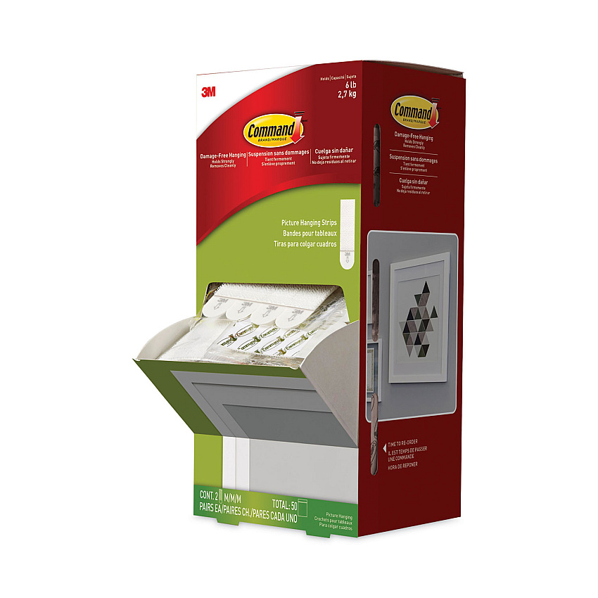 Command Picture Hanging Strips, Cabinet Pack, Removable, Holds Up to 6 lbs per Pair, 0.75 x 2.75, White, 4/Set, 50 Sets/Carton (17201PK)
