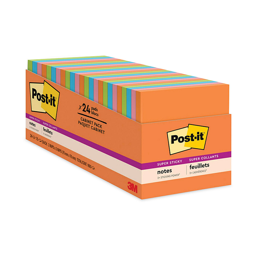Post-it Notes Super Sticky Pads in Energy Boost Collection Colors, Cabinet Pack, 3" x 3", 70 Sheets/Pad, 24 Pads/Pack (65424SSAUCP)
