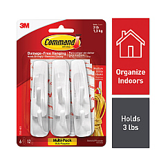 Command General Purpose Hooks Multi-Pack, Medium, 3 lb Cap, White, 6 Hooks and 12 Strips/Pack (170016ES)
