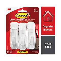 Command General Purpose Hooks Multi-Pack, Large, 5 lb Cap, White, 3 Hooks and 6 Strips/Pack (170033ES)