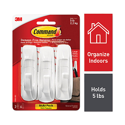 Command General Purpose Hooks Multi-Pack, Large, 5 lb Cap, White, 3 Hooks and 6 Strips/Pack (170033ES)