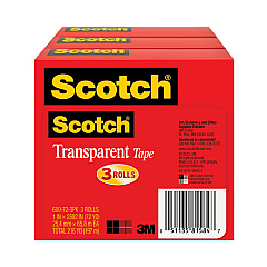 Scotch Transparent Tape, 3" Core, 1" x 72 yds, Transparent, 3/Pack (600723PK)
