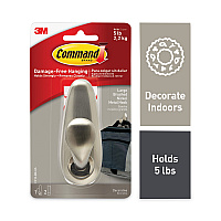 Command Adhesive Mount Metal Hook, Large, Brushed Nickel Finish, 1 Hook and 2 Strips/Pack (FC13BNES)