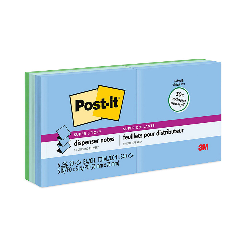 Post-it Pop-up Notes Super Sticky Recycled Pop-up Notes in Oasis Collection Colors, 3" x 3", 90 Sheets/Pad, 6 Pads/Pack (R3306SST)