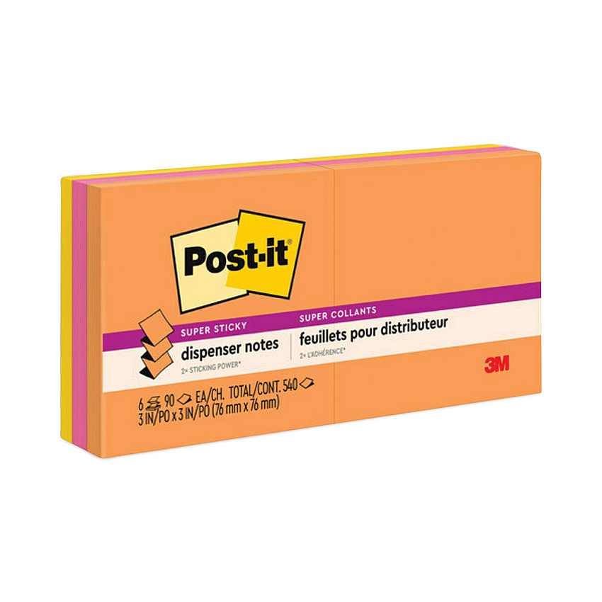 Post-it Dispenser Notes Super Sticky Pop-up 3 x 3 Note Refill, 3" x 3", Energy Boost Collection Colors, 90 Sheets/Pad, 6 Pads/Pack (R3306SSUC)