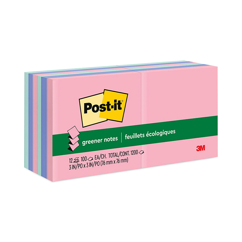 Post-it Greener Notes Original Recycled Pop-up Notes, 3" x 3", Sweet Sprinkles Collection Colors, 100 Sheets/Pad, 12 Pads/Pack (R330RP12AP)