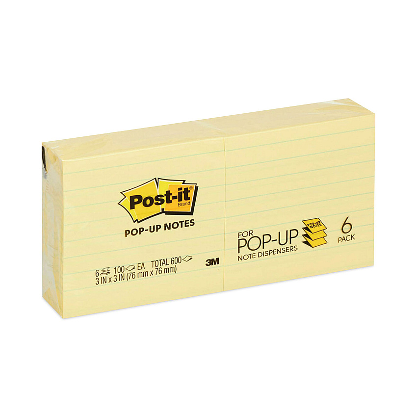 Post-it Pop-up Notes Original Canary Yellow Pop-up Refill, Note Ruled, 3" x 3", Canary Yellow, 100 Sheets/Pad, 6 Pads/Pack (R335YW)
