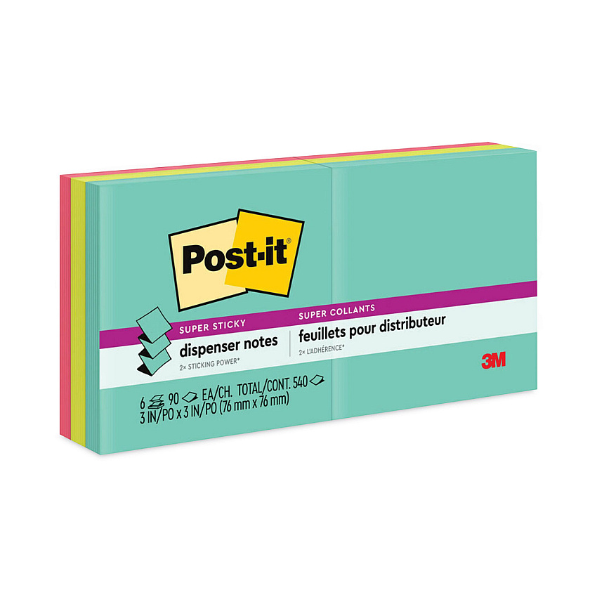 Post-it Dispenser Notes Super Sticky Pop-up 3 x 3 Note Refill, 3" x 3", Supernova Neons Collection Colors, 90 Sheets/Pad, 6 Pads/Pack (R3306SSMIA)