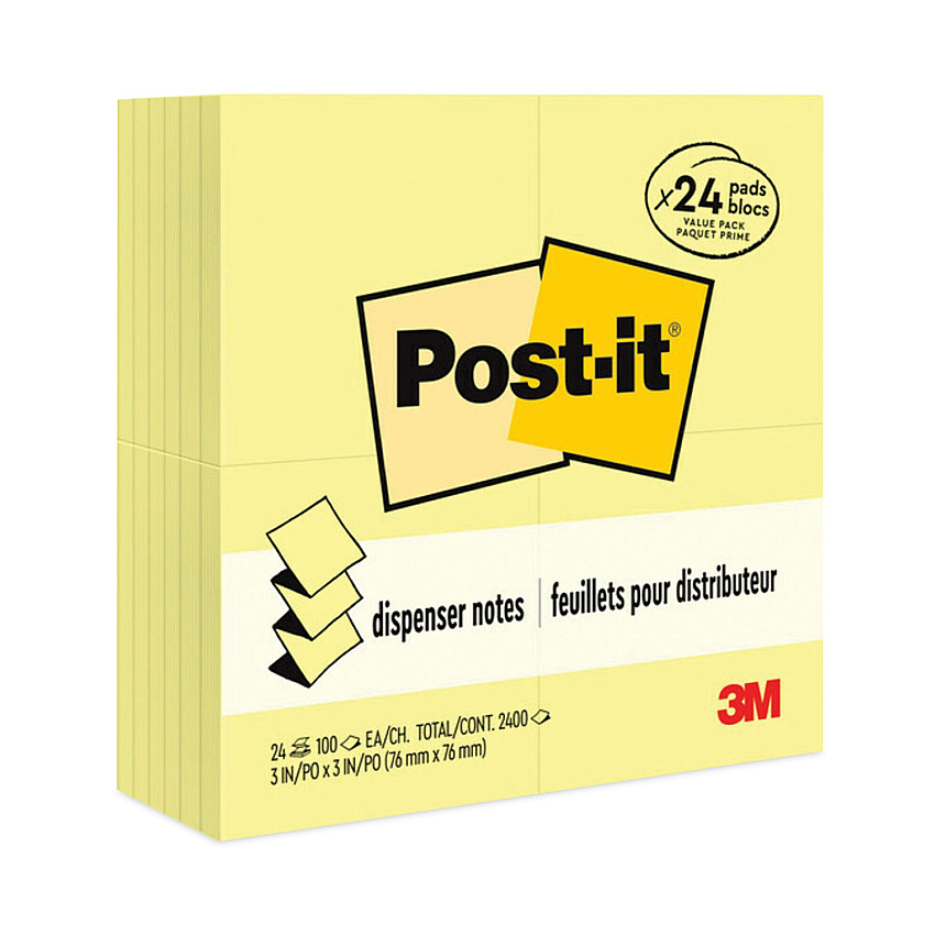 Post-it Pop-up Notes Original Canary Yellow Pop-up Refill Value Pack, 3" x 3", Canary Yellow, 100 Sheets/Pad, 24 Pads/Pack (R33024VAD)