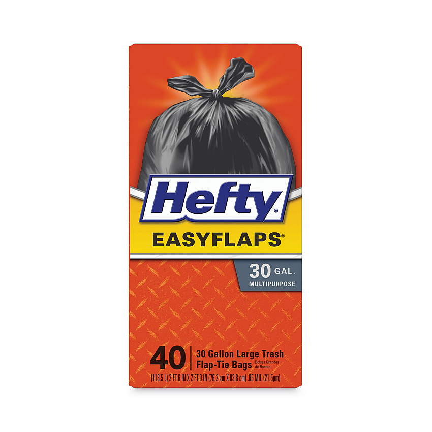 Hefty Easy Flaps Trash Bags, 30 gal, 1.05 mil, 30" x 33", Black, 40/Box (E27744)