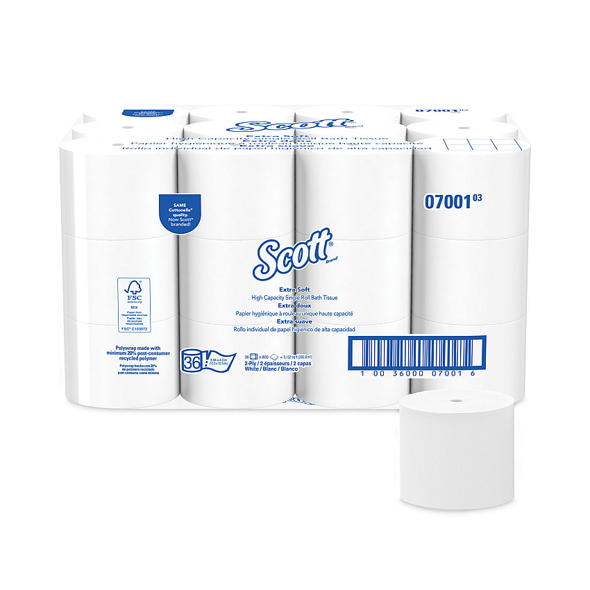 Scott Essential Extra Soft Coreless Standard Roll Bath Tissue, Septic Safe, 2-Ply, White, 800 Sheets/Roll, 36 Rolls/Carton (07001)