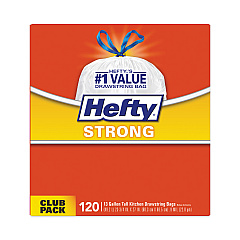 Hefty Strong Tall Kitchen Drawstring Bags, 13 gal, 0.9 mil, 24" x 27.75", White, 120/Box (E84562)