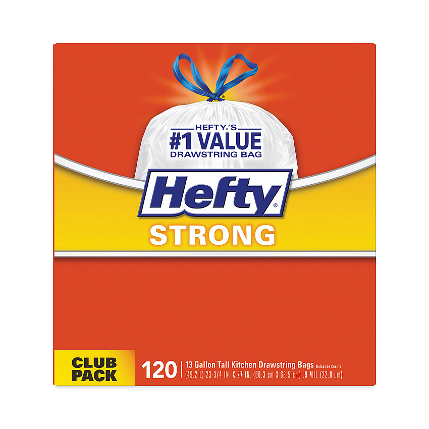 Hefty Strong Tall Kitchen Drawstring Bags, 13 gal, 0.9 mil, 24" x 27.75", White, 120/Box (E84562)