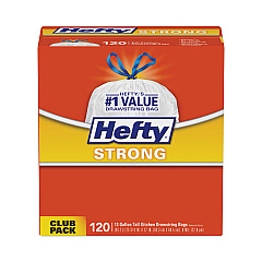 Hefty Strong Tall Kitchen Drawstring Bags, 13 gal, 0.9 mil, 23.75" x 27", White, 360/Carton (E84562CT)