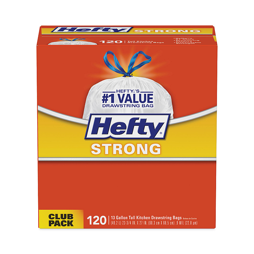 Hefty Strong Tall Kitchen Drawstring Bags, 13 gal, 0.9 mil, 23.75" x 27", White, 360/Carton (E84562CT)