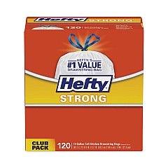 Hefty Strong Tall Kitchen Drawstring Bags, 13 gal, 0.9 mil, 23.75" x 27", White, 90/Box, 3 Boxes/Carton (E84574CT)