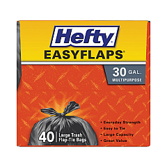 Hefty Easy Flaps Trash Bags, 30 gal, 0.85 mil, 30" x 33", Black, 240/Carton (E27744CT)