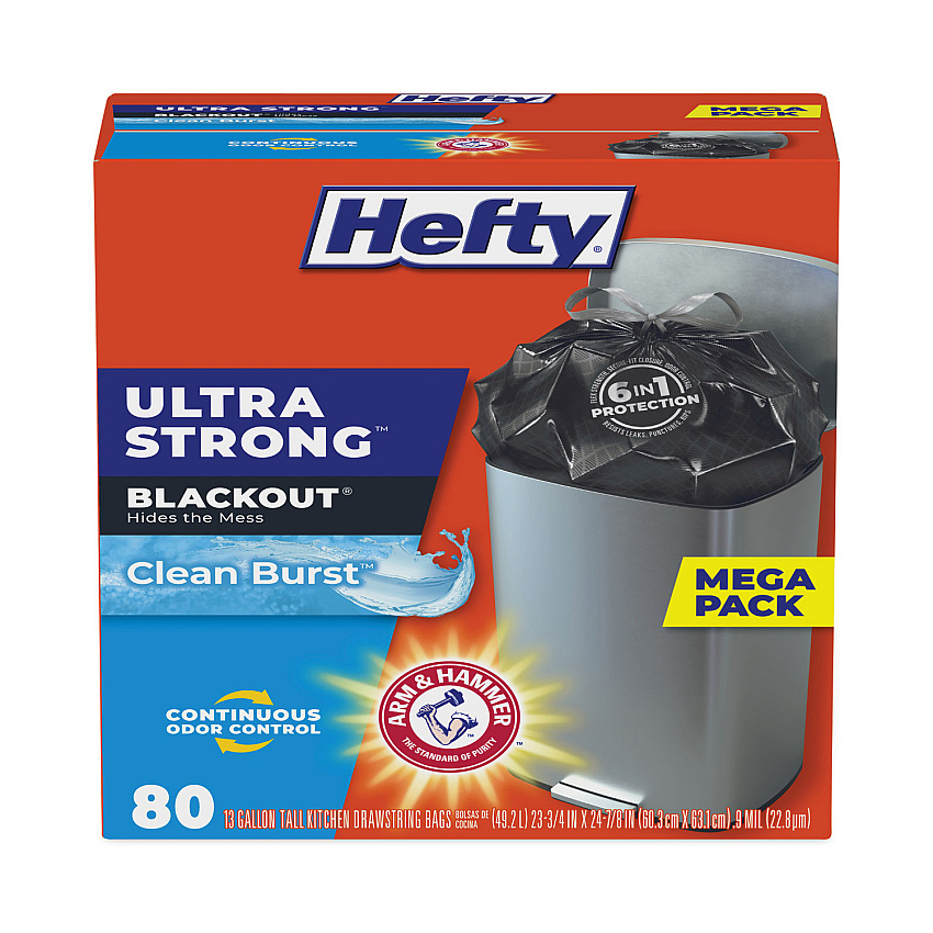 Hefty Ultra Strong BlackOut Tall-Kitchen Drawstring Bags, 13 gal, 0.9 mil, 23.75" x 24.88", Black, 80/Box (E88352)