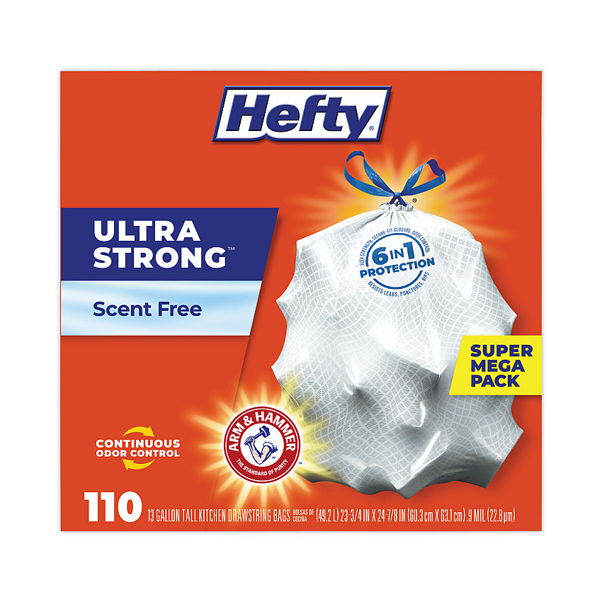 Hefty Ultra Strong Tall Kitchen and Trash Bags, 13 gal, 0.9 mil, 23.75" x 24.88", White, 330/Carton (E88368CT)