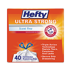 Hefty Ultra Strong Tall Kitchen and Trash Bags, 13 gal, 0.9 mil, 23.75" x 24.88", White, 40/Box, 6 Boxes/Carton (E88338CT)