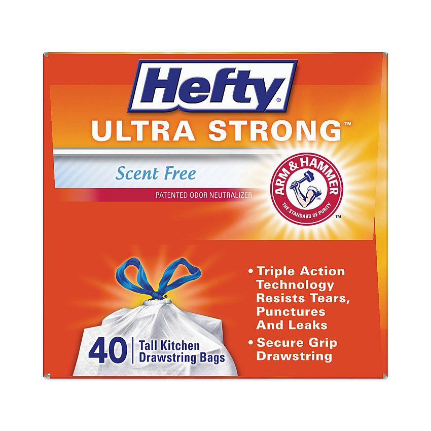 Hefty Ultra Strong Tall Kitchen and Trash Bags, 13 gal, 0.9 mil, 23.75" x 24.88", White, 40/Box, 6 Boxes/Carton (E88338CT)