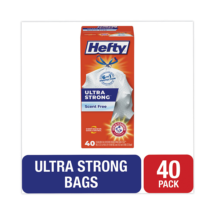 Hefty Ultra Strong Tall Kitchen and Trash Bags, 13 gal, 0.9 mil, 23.75" x 24.88", White, 40/Box (E88338)