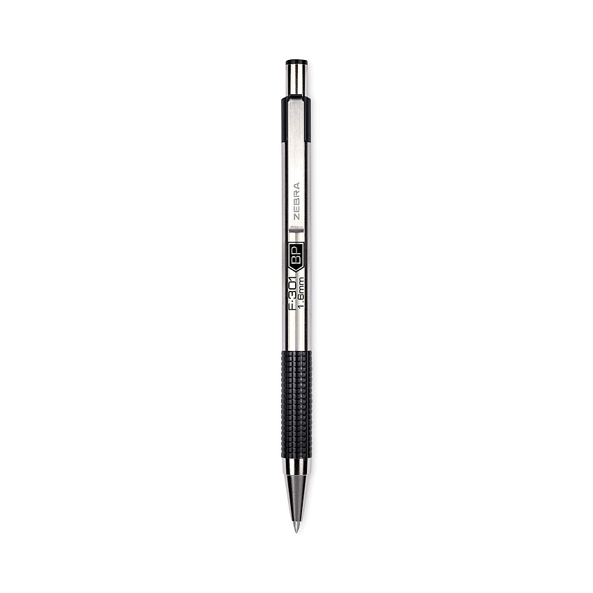 Zebra F-301 Ballpoint Pen, Retractable, Bold 1.6 mm, Black Ink, Stainless Steel/Black Barrel, 12/Pack (27310)