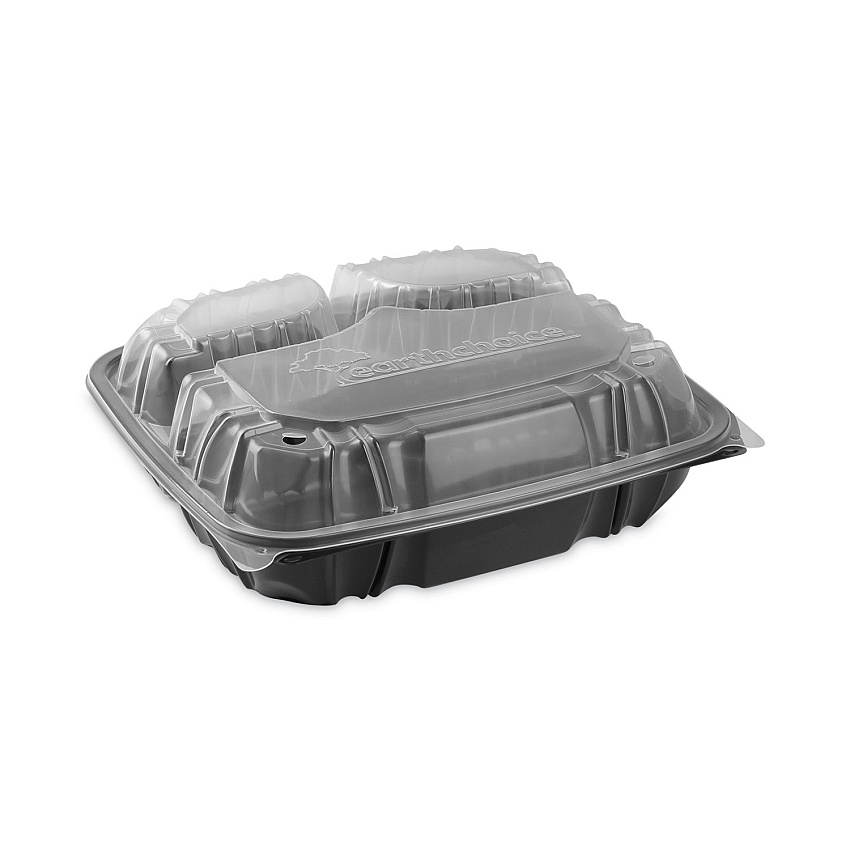 Pactiv Evergreen EarthChoice Vented Dual Color Microwavable Hinged Lid Container, 3-Compartment, 34oz, 10.5 x 9.5 x 3, Black/Clear, 132/Carton (DC109330B000)