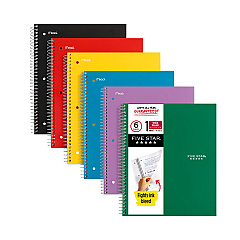 Five Star Wirebound Notebook, 1 Subject, Wide/Legal Rule, Randomly Assorted Covers, 10.5 x 8, 100 Sheets, 6/Pack (38042)