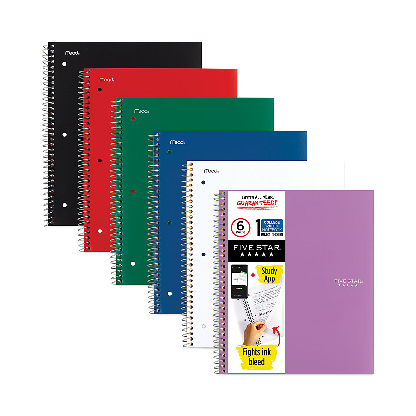 Five Star Wirebound Notebook, 1 Subject, Medium/College Rule, Randomly Assorted Covers, 11 x 8.5, 100 Sheets, 6/Pack (38052)